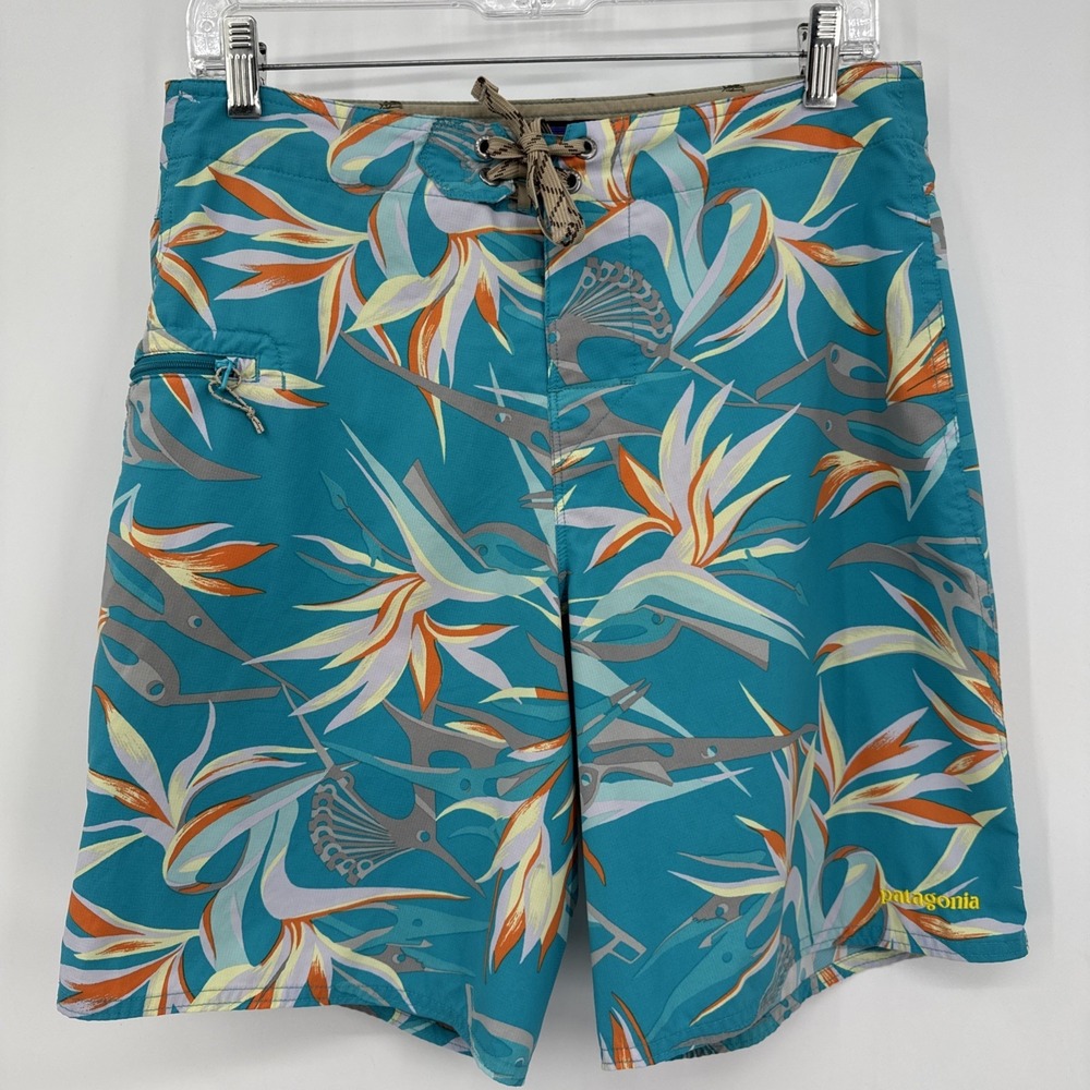 Patagonia M 31 Piton Paradise Tobago Blue Minimalist Wavefarer Board Shorts 19"